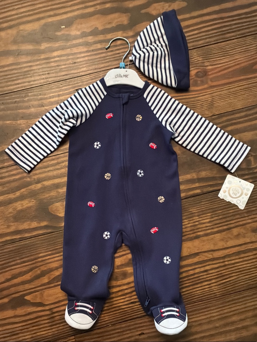 Little Me Navy Striped Sleeve Footed One-Piece with Matching Hat